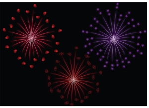 Fireworks set to glow with hearts and stars on a black background